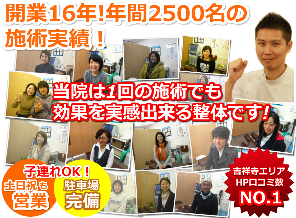 患者様からの喜びの声　150名突破　安心の施術料返金保証　吉祥寺エリアHP口コミNO１　子連れOK　土日祝も営業　駐車場完備　内閣府認証日本カイロプラクター認定機構認定院