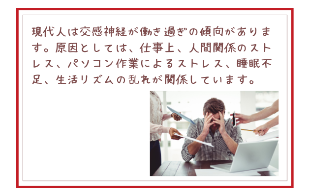 現代人は交感神経が働き過ぎの傾向があります。原因としては、仕事上、人間関係のストレス、パソコン作業によるストレス、睡眠不足、生活リズムの乱れが関係しています。