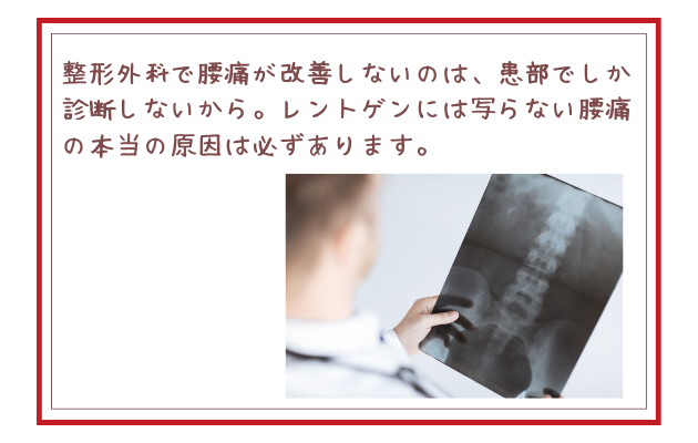 整形外科で腰痛が改善しないのは、患部でしか診断しないから。レントゲンには写らない腰痛の本当の原因は必ずあります。