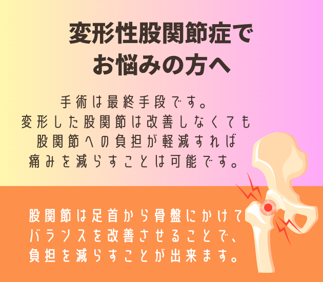 吉祥寺で変形性股関節症でお悩みの方へ
手術は最終手段です。変形した股関節は改善しなくても股関節への負担が軽減すれば、痛みを減らすことは可能です。股関節は足首から骨盤にかけてバランスを改善させることで、負担を減らすことが出来ます。