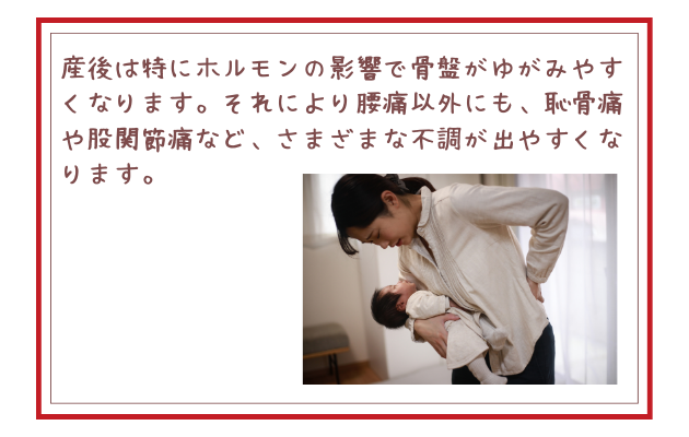 産後は特にホルモンの影響で骨盤がゆがみやすくなります。それにより腰痛以外にも、恥骨痛や股関節痛など、さまざまな不調が出やすくなります。