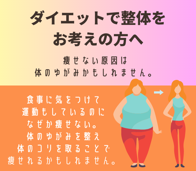 ダイエットで整体をお考えの方へ
痩せない原因は体のゆがみかもしれません。
食事に気をつけて運動もしているのになぜか痩せない。体のゆがみを整え体のコリを取ることで痩せられるかもしれません。