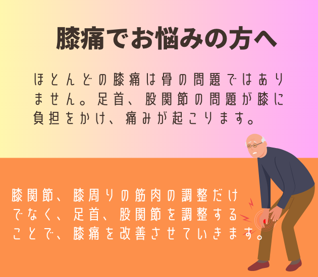 吉祥寺で膝痛でお悩みの方へ
ほとんどの膝痛は骨の問題ではありません。足首、股関節の問題が膝に負担をかけ、痛みが起こります。膝関節、膝周りの筋肉の調整だけでなく、足首、股関節を調整することで、膝痛を改善させていきます。