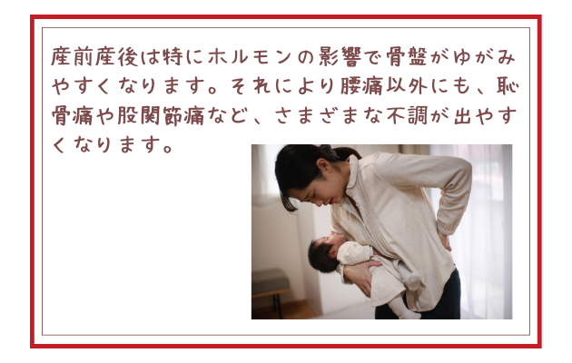 産前産後は特にホルモンの影響で骨盤がゆがみやすくなります。それにより腰痛以外にも、恥骨痛や股関節痛など、さまざまな不調が出やすくなります。