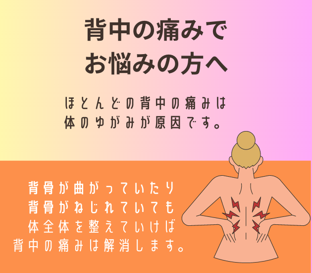 吉祥寺で背中の痛みでお悩みの方へ
ほとんどの背中の痛みは体のゆがみが原因です。
背骨が曲がっていたり
背骨がねじれていても
体全体を整えていけば
背中の痛みは解消します。