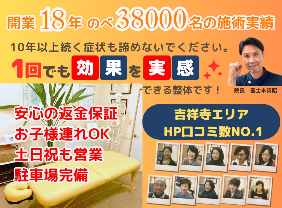 患者様からの喜びの声　150名突破　安心の施術料返金保証　吉祥寺エリアHP口コミNO１　子連れOK　土日祝も営業　駐車場完備　内閣府認証日本カイロプラクター認定機構認定院